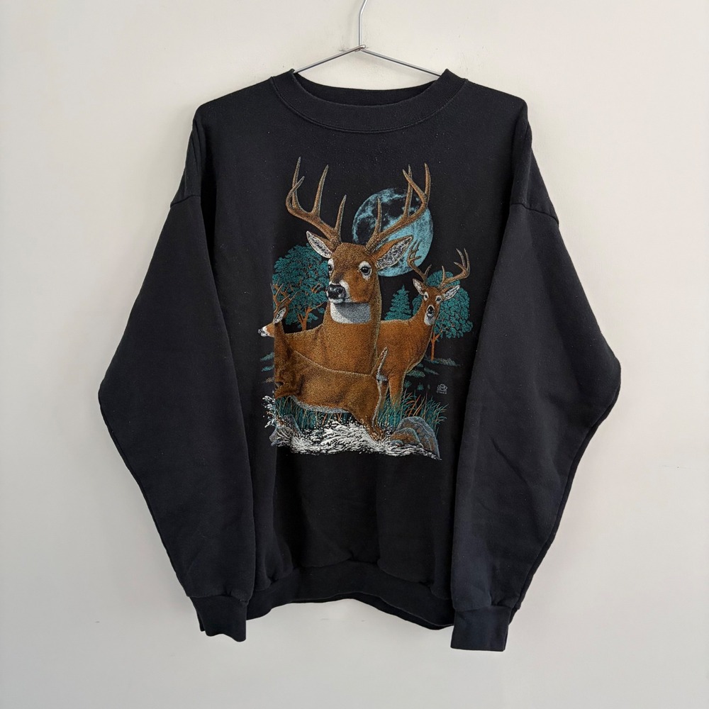 Vintage Cotton Grove Designs Deer Buck Moon Black Sweatshirt XL Made in USA